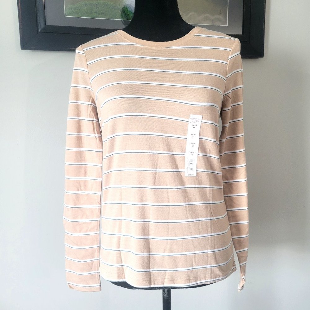 NWT Size M Medium Tan Striped Crew Neck Long Sleeve Tee From So MSRP $14